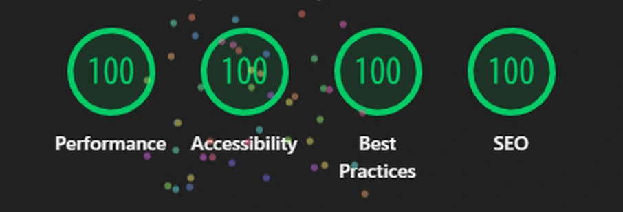Lighthouse scores: 100 for Performance, Accessibility, Best Practices, and SEO